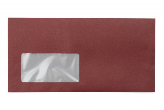 Envelopes DIN longo+ com janela, impressão em vermelho escuro