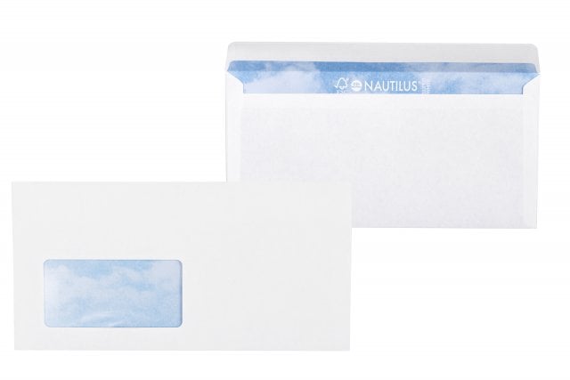 Envelopes DIN adesivos longos, brancos reciclados com janela